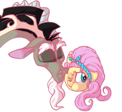 Size: 1100x1008 | Tagged: safe, artist:jaw2002, discord, fluttershy, pegasus, pony, alternate hairstyle, discoshy, female, kiss on the cheek, kissing, male, shipping, straight