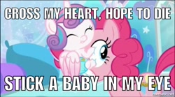 Size: 1000x556 | Tagged: safe, screencap, pinkie pie, princess flurry heart, earth pony, pony, the crystalling, cute, flurrybetes, image macro, meme, princess facehugger