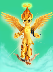 Size: 1688x2286 | Tagged: dead source, safe, artist:jeki, derpibooru import, spitfire, pegasus, pony, cutie mark necklace, female, flying, halo, mare, solo, underhoof