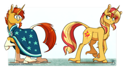 Size: 1024x575 | Tagged: safe, artist:inuhoshi-to-darkpen, artist:parclytaxel, sunburst, sunset shimmer, classical unicorn, pony, unicorn, chest fluff, clothes, cousins, ear fluff, female, glasses, hoof fluff, leonine tail, long feather, looking at each other, looking back, male, mare, robe, stallion, sunburst's glasses, sunburst's robe, sunny siblings, unshorn fetlocks