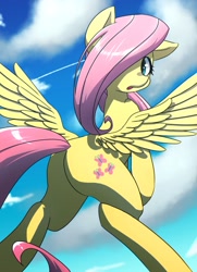 Size: 1024x1412 | Tagged: safe, artist:niwano_kei, fluttershy, pegasus, pony, cloud, cute, flying, hair over one eye, looking back, plot, shyabetes, sky, solo, spread wings, wings