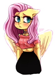 Size: 1280x1804 | Tagged: safe, artist:mirioka, fluttershy, anthro, belly button, clothes, collar, heart, midriff, short shirt, skirt, solo