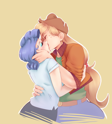 Size: 2115x2338 | Tagged: safe, artist:sundown, applejack, rarity, human, commission, female, humanized, jacqueline applebuck, juliette d'rarie, kissing, lesbian, rarijack, shipping