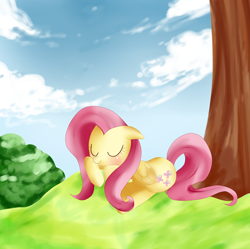 Size: 700x698 | Tagged: safe, artist:haruliina, fluttershy, pegasus, pony, prone, sleeping, solo, tree