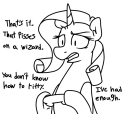 Size: 491x448 | Tagged: safe, artist:art-spark, rarity, pony, unicorn, controller, dialogue, hoof hold, monochrome, open mouth, solo, vulgar