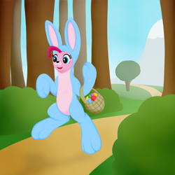 Size: 1000x1000 | Tagged: safe, artist:redquoz, pinkie pie, pony, bipedal, bunny costume, clothes, costume, easter, easter bunny, easter egg, forest, holiday, skipping, solo, spring