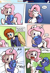 Size: 1280x1853 | Tagged: safe, artist:shieltar, princess celestia, princess luna, oc, oc:grace harmony, alicorn, pony, comic:birth of equestria, celestia is not amused, cewestia, comic, cute, dialogue, disgusted, female, filly, hug, karma, lunabetes, pink-mane celestia, puns in the comments, sneezing, snot, winged human, woona, younger