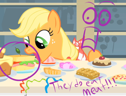 Size: 500x382 | Tagged: safe, edit, edited screencap, screencap, applejack, earth pony, pony, food, ham, hatless, missing accessory, ponies eating meat, sandwich, slowpoke