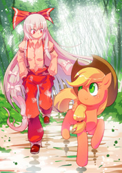 Size: 880x1245 | Tagged: safe, artist:sweetsound, applejack, human, bamboo, clothes, crossover, forest, fujiwara no mokou, pants, ribbon, suspenders, touhou