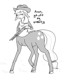 Size: 1054x1244 | Tagged: safe, artist:nobody, applejack, centaur, centaurjack, floppy ears, gun, implied anon, monochrome, shotgun, solo, weapon