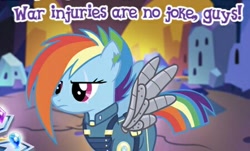 Size: 450x272 | Tagged: safe, derpibooru import, rainbow dash, pegasus, pony, alternate timeline, amputee, apocalypse dash, augmented, crystal war timeline, eye scar, gameloft, meme, prosthetic limb, prosthetic wing, prosthetics, scar, torn ear, wow! glimmer, you know for kids