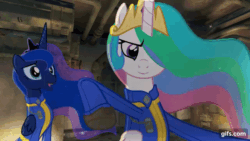 Size: 640x360 | Tagged: safe, artist:2snacks, princess celestia, princess luna, alicorn, pony, animated, blood, clothes, fallout 4, gif, jumpsuit, lightly watermarked, muna, patlestia, punch, stomping, two best sisters play, vault suit, watermark