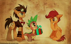 Size: 900x563 | Tagged: safe, artist:foxinshadow, doctor whooves, scootaloo, spike, dragon, male