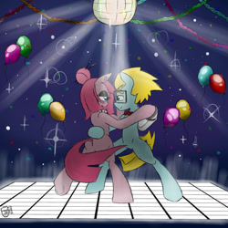 Size: 800x800 | Tagged: safe, artist:sanyo2100, pinkie pie, oc, oc:tech gear, earth pony, pony, balloon, bowtie, canon x oc, dance party, dancing, disco ball, glasses, jewelry, necklace, pinkamena diane pie, shipping, techpie