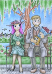Size: 2456x3489 | Tagged: safe, artist:sinaherib, big macintosh, fluttershy, human, beard, bench, blimp, bouquet, box of chocolates, breasts, cleavage, facial hair, female, fluttermac, human female, human male, humanized, male, shipping, straight, traditional art, tree