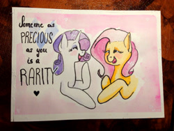 Size: 2133x1600 | Tagged: safe, artist:whale, fluttershy, rarity, pegasus, pony, unicorn, eyes closed, heart, open mouth, traditional art