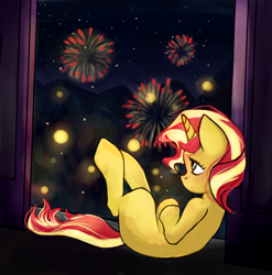 Size: 564x570 | Tagged: safe, artist:jika, sunset shimmer, pony, unicorn, female, fireworks, gazing, mare, profile, sitting, solo, window