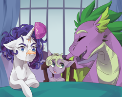 Size: 2500x2000 | Tagged: safe, artist:ponipoke, rarity, spike, oc, dracony, dragon, hybrid, pony, unicorn, family, female, food, interspecies offspring, male, mare, messy mane, offspring, older, older spike, parent:rarity, parent:spike, parents:sparity, shipping, sparity, straight, winged spike