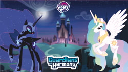 Size: 2560x1440 | Tagged: safe, nightmare moon, princess celestia, alicorn, pony, castle of the royal pony sisters, guardians of harmony, my little pony logo, official, wallpaper