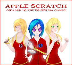 Size: 3955x3535 | Tagged: safe, artist:missangest, applejack, cloud kicker, dj pon-3, vinyl scratch, human, alternate scenario, alternate universe, clothes, equestria games, fanfic art, fanfic cover, fencing, fighting stance, humanized, sword, tanktop, uniform