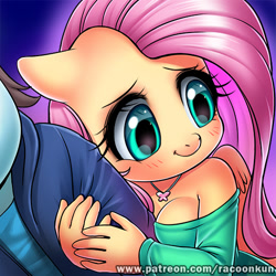 Size: 500x500 | Tagged: safe, artist:racoonsan, fluttershy, anon pony, oc, oc:anon, anthro, blushing, breasts, clothes, female, hootershy, hug, off shoulder, offscreen character, patreon, shoulderless, smiling