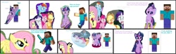 Size: 1280x392 | Tagged: safe, artist:mlpcutecrossovers, derpibooru import, edit, edited screencap, screencap, applejack, fluttershy, pinkie pie, rainbow dash, rarity, twilight sparkle, twilight sparkle (alicorn), alicorn, earth pony, pegasus, pony, unicorn, amending fences, father knows beast, party of one, school raze, sparkle's seven, the beginning of the end, the crystal empire, the point of no return, 1000 hours in ms paint, angry, bipedal, blushing, cropped, crossover, crossover shipping, crying, embarrassed, female, happy, kissing, liar, male, minecraft, op is a cuck, out of character, running, scared, shipping, shocked, steve, stevelight, straight, telling lies, worried