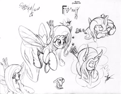 Size: 3290x2549 | Tagged: safe, artist:marvelousqueen, angel bunny, fluttershy, changeling, pegasus, pony, fanfic art, flutterling, monochrome