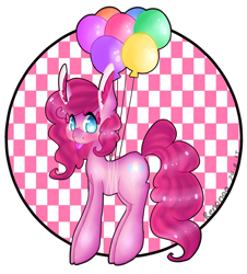 Size: 1811x2000 | Tagged: safe, artist:bunxl, pinkie pie, earth pony, pony, balloon, solo, then watch her balloons lift her up to the sky, tongue out