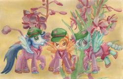 Size: 5071x3271 | Tagged: safe, artist:kelseyleah, derpibooru import, fleetfoot, soarin', spitfire, pony, ancient wonderbolts uniform, clothes, flower, traditional art, uniform