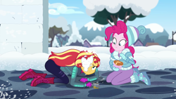 Size: 1920x1080 | Tagged: safe, screencap, pinkie pie, sunset shimmer, equestria girls, equestria girls series, holidays unwrapped, spoiler:eqg series (season 2), ass, boots, bunset shimmer, butt, clothes, duo, duo female, female, gloves, hat, key, keychain, ramekin, saving pinkie's pie, shoes, snow, snow fort, snowball fight, souffle, winter hat, winter outfit