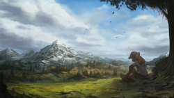 Size: 1600x900 | Tagged: safe, artist:assasinmonkey, applejack, anthro, unguligrade anthro, clothes, detailed, mountain, scenery, scenery porn, solo