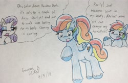 Size: 2362x1536 | Tagged: safe, artist:gmangamer25, derpibooru import, rainbow dash, rarity, pegasus, pony, unicorn, alternate hairstyle, body sharing, dialogue, eye swap, female, grammar error, let's switch bodies, mare, misspelling of you're, one eye closed, rainbow dash always dresses in style, traditional art, wink