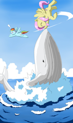 Size: 1024x1707 | Tagged: safe, artist:vinilyart, derpibooru import, fluttershy, rainbow dash, pegasus, pony, whale, duo, exclamation point, female, flying, mare, ocean, outdoors, petting, sky, smiling, splash, spread wings, water, wings