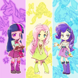 Size: 700x700 | Tagged: safe, artist:hacha, derpibooru import, fluttershy, rarity, twilight sparkle, equestria girls, pixiv