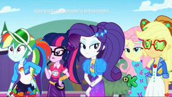 Size: 1280x720 | Tagged: safe, derpibooru import, screencap, applejack, fluttershy, rainbow dash, rarity, sci-twi, twilight sparkle, better together, equestria girls, sunset's backstage pass!, discovery kids, female, geode of super speed, geode of super strength, geode of telekinesis, magical geodes, spanish, spanish text