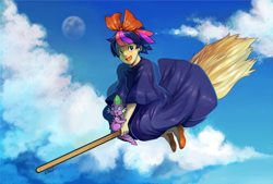 Size: 4009x2707 | Tagged: safe, artist:dhui, derpibooru import, spike, twilight sparkle, dragon, human, bow, broom, female, flying, flying broomstick, hair bow, happy, humanized, kiki's delivery service, male, parody, reference, sky, studio ghibli