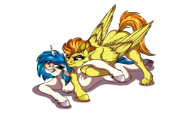 Size: 1920x1328 | Tagged: safe, artist:lupiarts, derpibooru import, dj pon-3, spitfire, vinyl scratch, pony, buddies, commission, competition, digital art, friendship, gripping, sports, wrestling