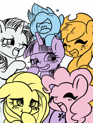 Size: 1200x1600 | Tagged: safe, artist:ayahana, derpibooru import, applejack, fluttershy, pinkie pie, rainbow dash, rarity, twilight sparkle, earth pony, pegasus, pony, unicorn, crying, cute, eyes closed, female, floppy ears, laughing, laughingmares.jpg, limited palette, mane six, mare, nose in the air, open mouth, pixiv, simple background, smiling, tears of laughter, teary eyes, white background