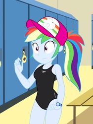 Size: 1536x2048 | Tagged: safe, artist:draymanor57, derpibooru import, rainbow dash, equestria girls, baywatch, clothes, locker room, one-piece swimsuit, solo, speedo, swimsuit