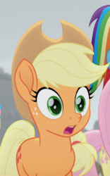 Size: 224x360 | Tagged: safe, derpibooru import, screencap, applejack, fluttershy, rainbow dash, earth pony, pegasus, pony, rainbow roadtrip, applejack's hat, cowboy hat, cropped, female, hat, hope hollow, mare, offscreen character, open mouth, reaction image, shocked, solo focus