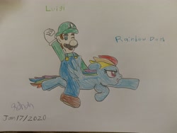 Size: 4032x3024 | Tagged: safe, derpibooru import, rainbow dash, pegasus, pony, crossover, flying, humans riding ponies, luigi, luigidash, nintendo, one eye closed, riding, super mario bros., traditional art, wink