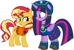 Size: 1428x966 | Tagged: safe, artist:徐詩珮, sunset shimmer, twilight sparkle, twilight sparkle (alicorn), alicorn, series:sprglitemplight diary, series:sprglitemplight life jacket days, series:springshadowdrops diary, series:springshadowdrops life jacket days, alternate universe, chase (paw patrol), clothes, female, lifejacket, paw patrol, simple background, spy chase (paw patrol), transparent background