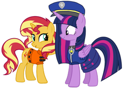 Size: 1440x1037 | Tagged: safe, artist:徐詩珮, sunset shimmer, twilight sparkle, twilight sparkle (alicorn), alicorn, series:sprglitemplight diary, series:sprglitemplight life jacket days, series:springshadowdrops diary, series:springshadowdrops life jacket days, alternate universe, chase (paw patrol), clothes, female, lifejacket, paw patrol, simple background, transparent background