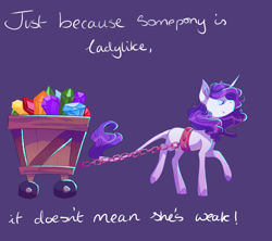 Size: 3600x3200 | Tagged: safe, artist:uunicornicc, rarity, pony, unicorn, a dog and pony show, cart, chains, female, gem, harness, leonine tail, mare, positive ponies, purple background, simple background, smiling, solo, tack, text