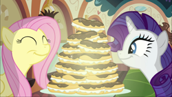 Size: 1920x1080 | Tagged: safe, screencap, fluttershy, rarity, pegasus, pony, unicorn, mmmystery on the friendship express, eclair, food, rarity looking at food