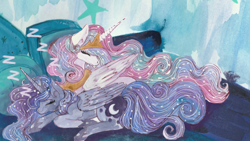 Size: 4800x2700 | Tagged: safe, artist:cityofdreams, princess celestia, princess luna, alicorn, pony, absurd resolution, bed, colored pupils, duo, female, mare, sleeping, zzz