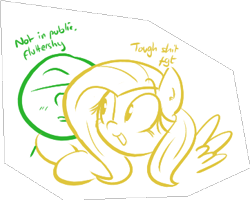 Size: 362x289 | Tagged: safe, artist:shoutingisfun, fluttershy, oc, oc:anon, pegasus, pony, hug, monochrome, vulgar