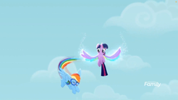 Size: 1699x956 | Tagged: safe, derpibooru import, screencap, rainbow dash, twilight sparkle, twilight sparkle (alicorn), alicorn, pegasus, pony, rainbow roadtrip, cloud, colored wings, discovery family logo, flying, goggles, multicolored wings, rainbow wings, sky, wing bling, wings