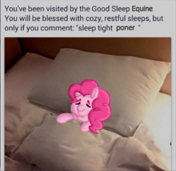 Size: 680x661 | Tagged: safe, edit, pinkie pie, earth pony, pony, bed, comment bait, cozy, exploitable meme, if you see this image while scrolling, meme, poner, sleep tight, sleeping