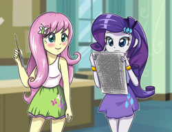 Size: 4488x3472 | Tagged: safe, artist:sumin6301, fluttershy, rarity, equestria girls, absurd resolution, blushing, bracelet, canterlot high, clothes, duo, paper, pencil, reading, skirt, tanktop